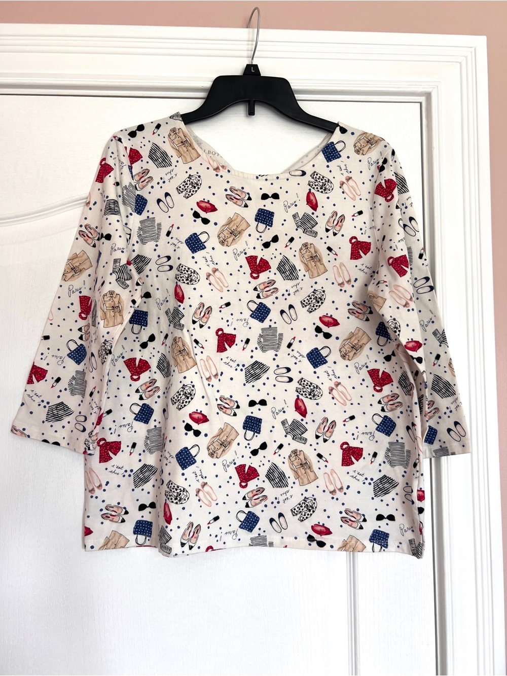 Talbots Cream Tee with Parisian Theme Print and Bow Tie in Back